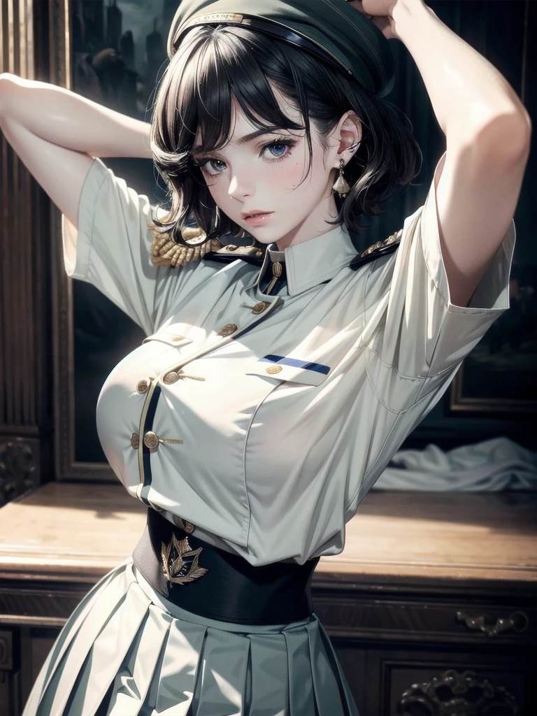 military uniform, absurdres, RAW photo, extremely delicate and beautiful, masterpiece, Best Quality, ultra high resolution, 32k, hyperrealistic, ultra-detailed, detailed description, pale skin, 20 years old, tearful mole, earring, Colossal tits, short medium hair, wavy hair, pleated skirt,