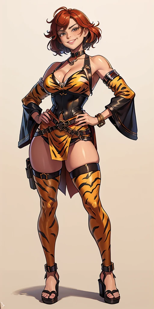((Masterpiece, plain background,1:2, masterpiece)) full body standing with separate yellow tiger print stockings thighs and sleeves, yellow tiger bikini print, hands on waist, navel, lustful smirking smiling, smile face (red blushed, red cheeks) armbands, black leather choker slave collar, metal sandals, big knockers, cleavage, separate sleeves, leather corset, hands on hips, shackles bracelets, slave red crest, loincloth standing, metal sandals, big belt, view from below, feet together, bracers, standing contrapposto straight symmetrical looking to viewer