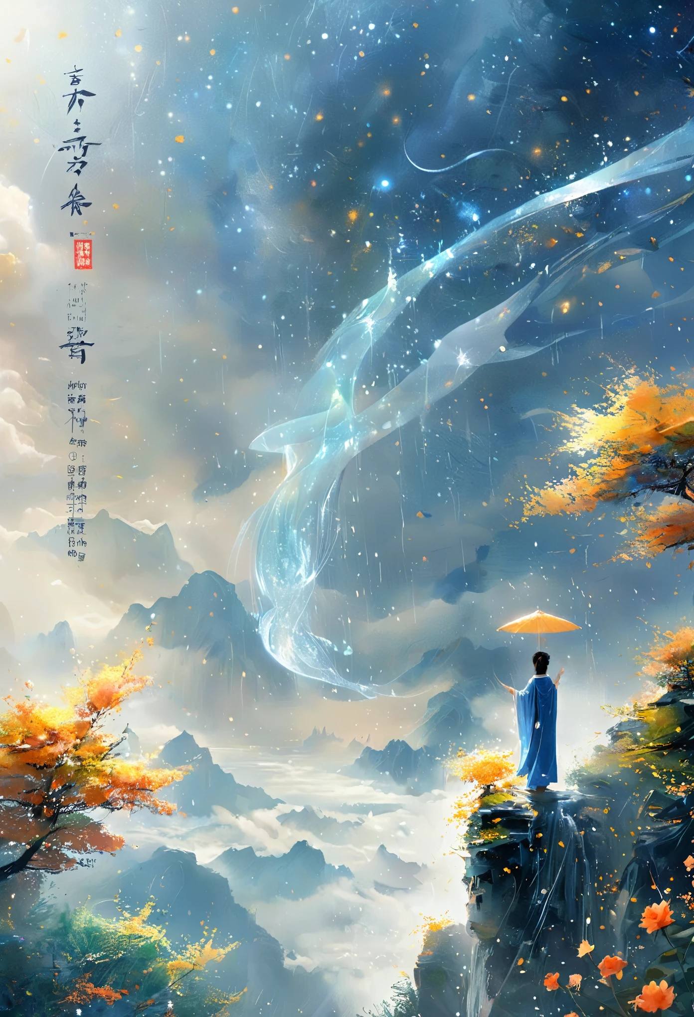 Cai GuoRUN's illustration style, 1girl,A woman in a long skirt stands on a cliff and looks up at the starry sky,Goddess of space,Milky Way Goddess,Goddess of Heaven,Astral Ethereal,dream,Beautiful celestial wizard,Beautiful fantasy painting,Beautiful fantasy art,Ethereal fantasy,非常Beautiful fantasy art,Digital Art Fantasy,enchanting and otherworldly,Fantasy Beauty,Beautiful art rendered in Ultra HD 4K by Octane,Volumetric Light,Natural soft light,(Ultra-delicate:1.2,Loss of focus:1.2,Colorful,Movie Lighting,Chiaroscuro,Ray Tracing),masterpiece,Super rich,Ultra Detailed,8k, 1cgrssh1