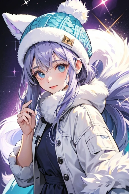 She has grayish-lavender fur and has white fur.  grayish-lavender, with white fur. She has blue eyes and white ears. She also wears a knit hat that is yellow and teal in color which she is rarely seen without. Her normal outfit consists of a teal jacket with a orange trim, and white fluff. SPARKLE; GLITTER