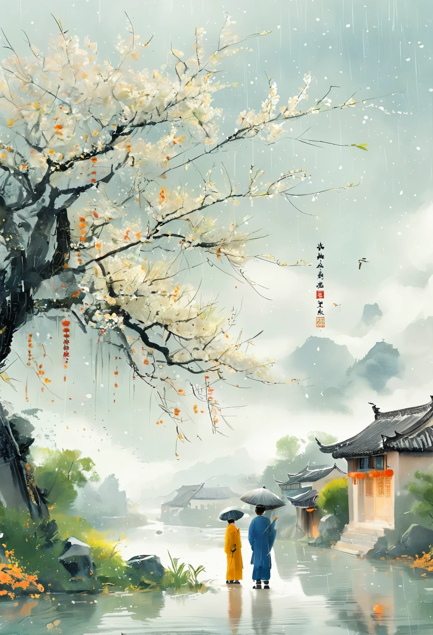 Cai GuoRUN's illustration style, Rainy Qingming season, Under a willow tree, A shepherd boy, amidst the rain, points into the distance, indicating the direction to Apricot Blossom Village, spring is full of freshness, rich details, spring scene, flat design, soft colors, vibrant tones, Chinese traditional painting elements, photorealistic, Minimal composition, High saturation and high contrast,rich light and shadow details, sharp contrast and clean lines, 1cgrssh1