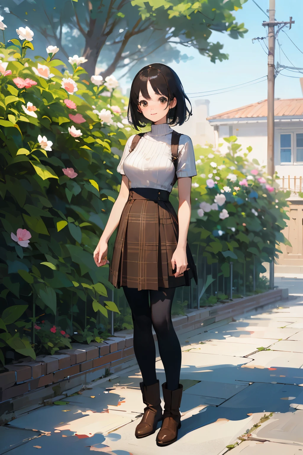 (high quality, High resolution, Very detailed, reality:1.37), Peaceful atmosphere, (Outdoor, garden), girl standing alone, (my breasts are big.), Beautiful details, Cute Smile, (Black bob hair), Short sleeve ribbed sweater, burberry check skirt, Black tights, Brown boots.
