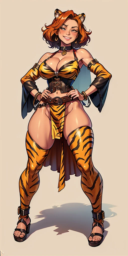 ((Masterpiece, plain background,1:2, masterpiece)) full body standing with separate yellow tiger print stockings thighs and sleeves, yellow tiger bikini print, hands on waist, navel, lustful smirking smiling, smile face (red blushed, red cheeks) armbands, black leather choker slave collar, metal sandals, big knockers, cleavage, separate sleeves, leather corset, hands on hips, shackles bracelets, slave red crest, loincloth standing, metal sandals, big belt, view from below, feet together, bracers, standing contrapposto straight symmetrical looking to viewer