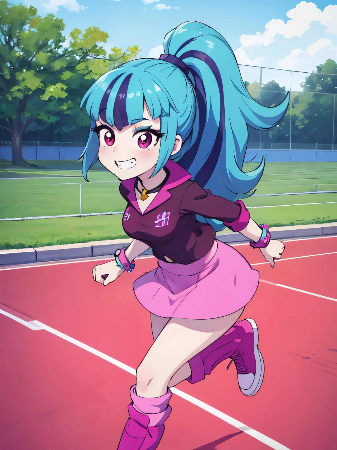 best quality, (masterpiece),(ultra-detailed), (high quality), (high resolution), best quality:1.5, highres, UHD, 16K), gentle grin, medium breasts,at the school running track,watercolor \(medium\),masterpiece,HDR,intricate details,(anime painting:1.1),multicolored hair,mlpsonata,colored skin,blue skin,ponytail,jacket,skirt,boots,jewelry,bracelet,(blush:0.7),