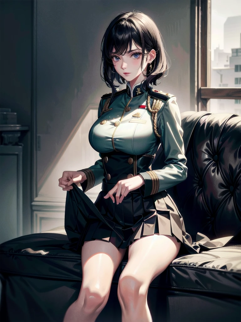 military uniform, absurdres, RAW photo, extremely delicate and beautiful, masterpiece, Best Quality, ultra high resolution, 32k, hyperrealistic, ultra-detailed, detailed description, pale skin, 20 years old, tearful mole, earring, Colossal tits, short medium hair, wavy hair, pleated skirt,