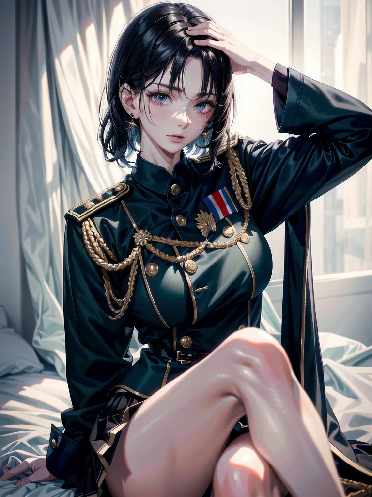 military uniform, absurdres, RAW photo, extremely delicate and beautiful, masterpiece, Best Quality, ultra high resolution, 32k, hyperrealistic, ultra-detailed, detailed description, pale skin, 20 years old, tearful mole, earring, Colossal tits, short medium hair, wavy hair, pleated skirt,