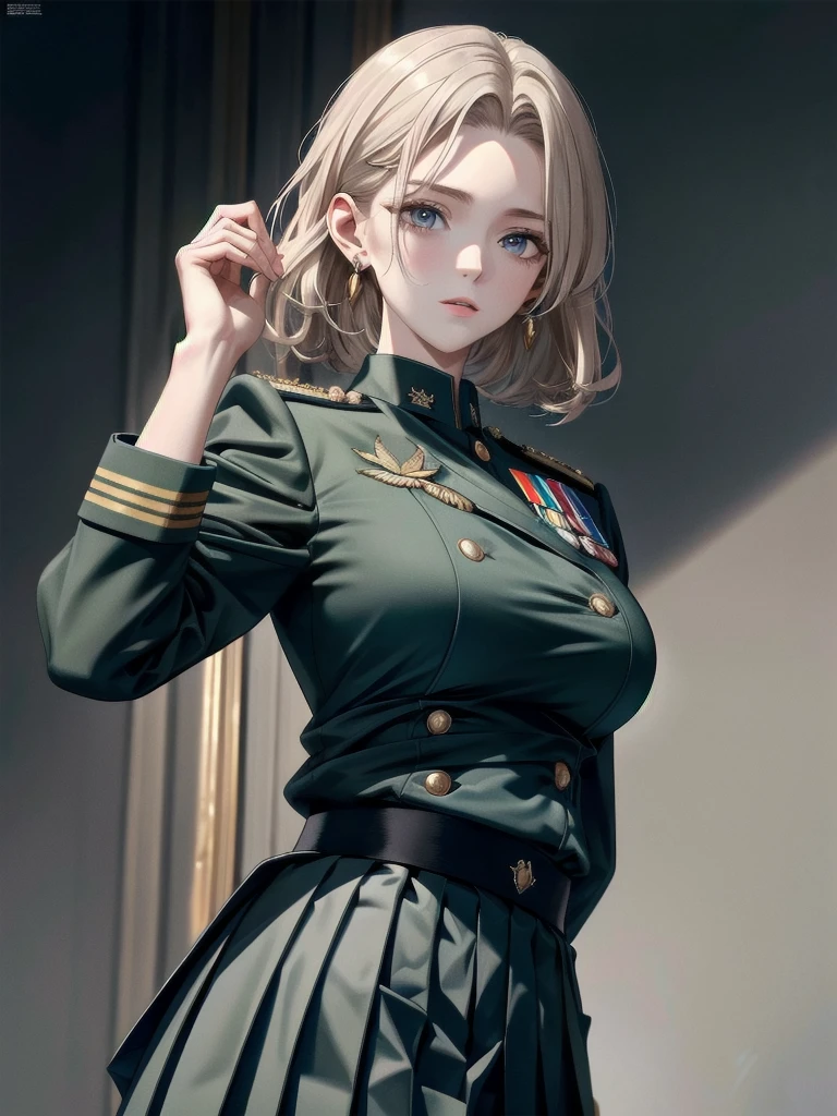 military uniform, absurdres, RAW photo, extremely delicate and beautiful, masterpiece, Best Quality, ultra high resolution, 32k, hyperrealistic, ultra-detailed, detailed description, pale skin, 20 years old, tearful mole, earring, Colossal tits, short medium hair, wavy hair, pleated skirt,
