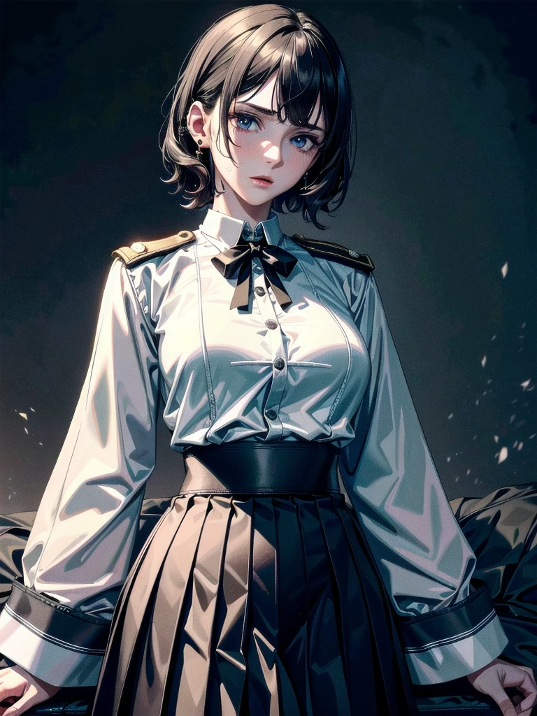 military uniform, absurdres, RAW photo, extremely delicate and beautiful, masterpiece, Best Quality, ultra high resolution, 32k, hyperrealistic, ultra-detailed, detailed description, pale skin, 20 years old, tearful mole, earring, Colossal tits, short medium hair, wavy hair, pleated skirt,