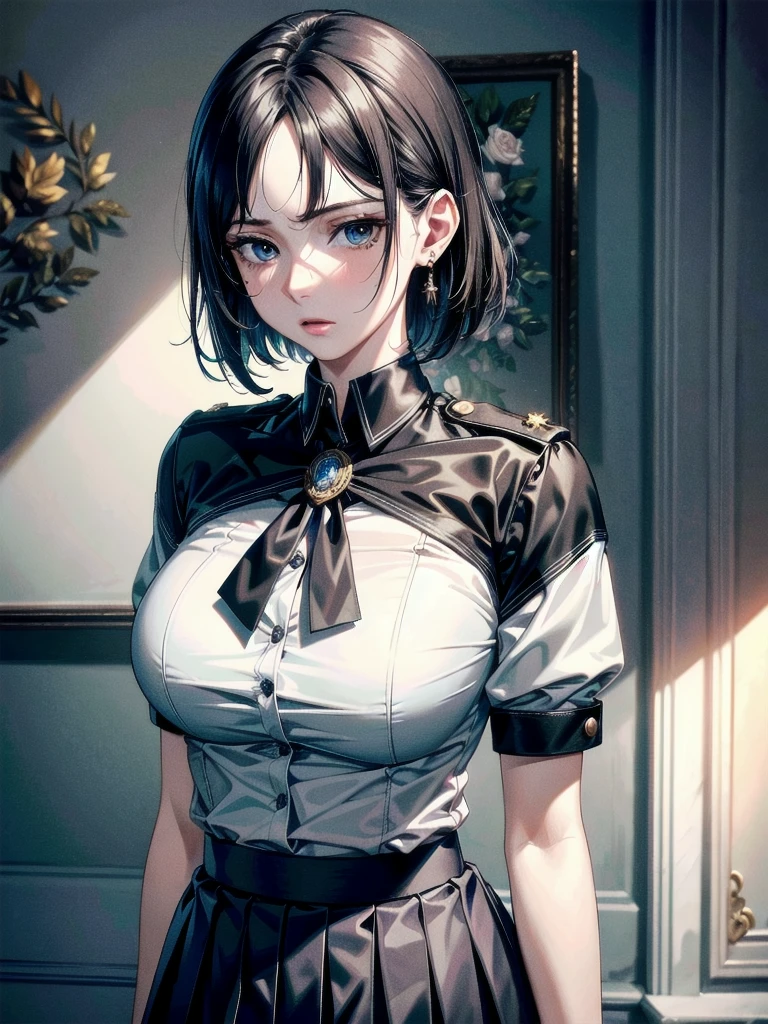 military uniform, absurdres, RAW photo, extremely delicate and beautiful, masterpiece, Best Quality, ultra high resolution, 32k, hyperrealistic, ultra-detailed, detailed description, pale skin, 20 years old, tearful mole, earring, Colossal tits, short medium hair, wavy hair, pleated skirt,