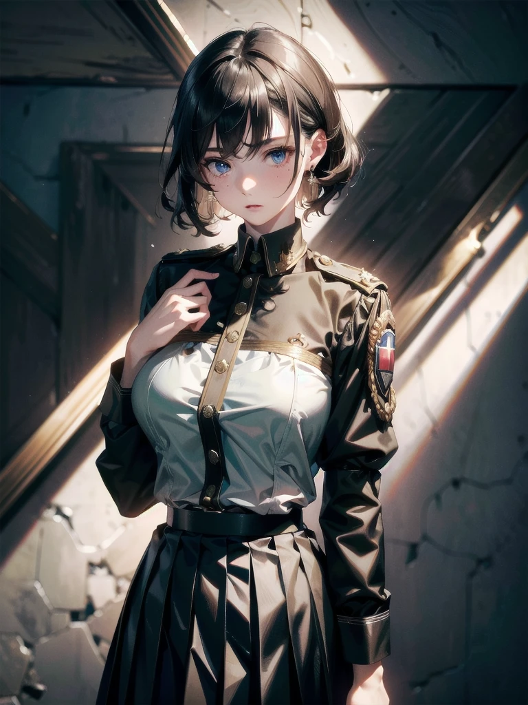 military uniform, absurdres, RAW photo, extremely delicate and beautiful, masterpiece, Best Quality, ultra high resolution, 32k, hyperrealistic, ultra-detailed, detailed description, pale skin, 20 years old, tearful mole, earring, Colossal tits, short medium hair, wavy hair, pleated skirt,