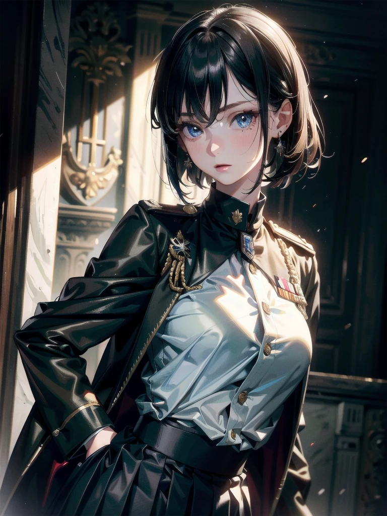 military uniform, absurdres, RAW photo, extremely delicate and beautiful, masterpiece, Best Quality, ultra high resolution, 32k, hyperrealistic, ultra-detailed, detailed description, pale skin, 20 years old, tearful mole, earring, Colossal tits, short medium hair, wavy hair, pleated skirt,