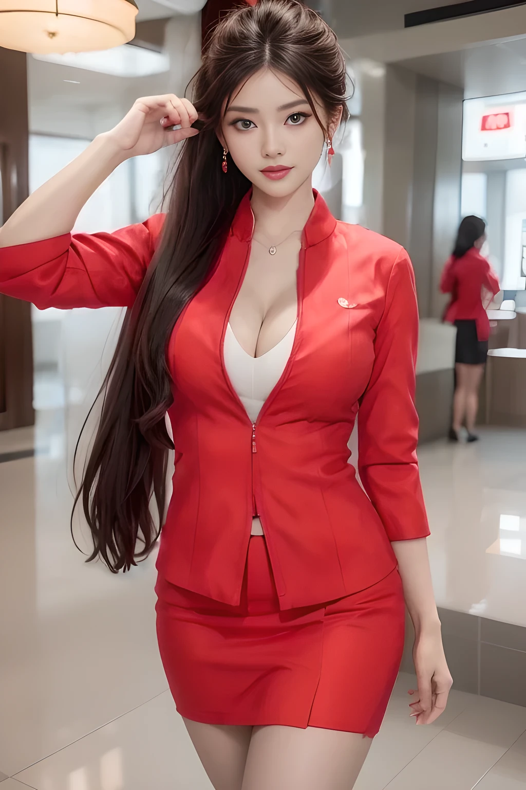 AirAsia red jacket uniform、Long hair down to the legs、Dark brown hair、Hair tied up、Tie your hair back in a ponytail、Luxury earrings、Captivating look、Blue Eyes、Young Asian Woman、