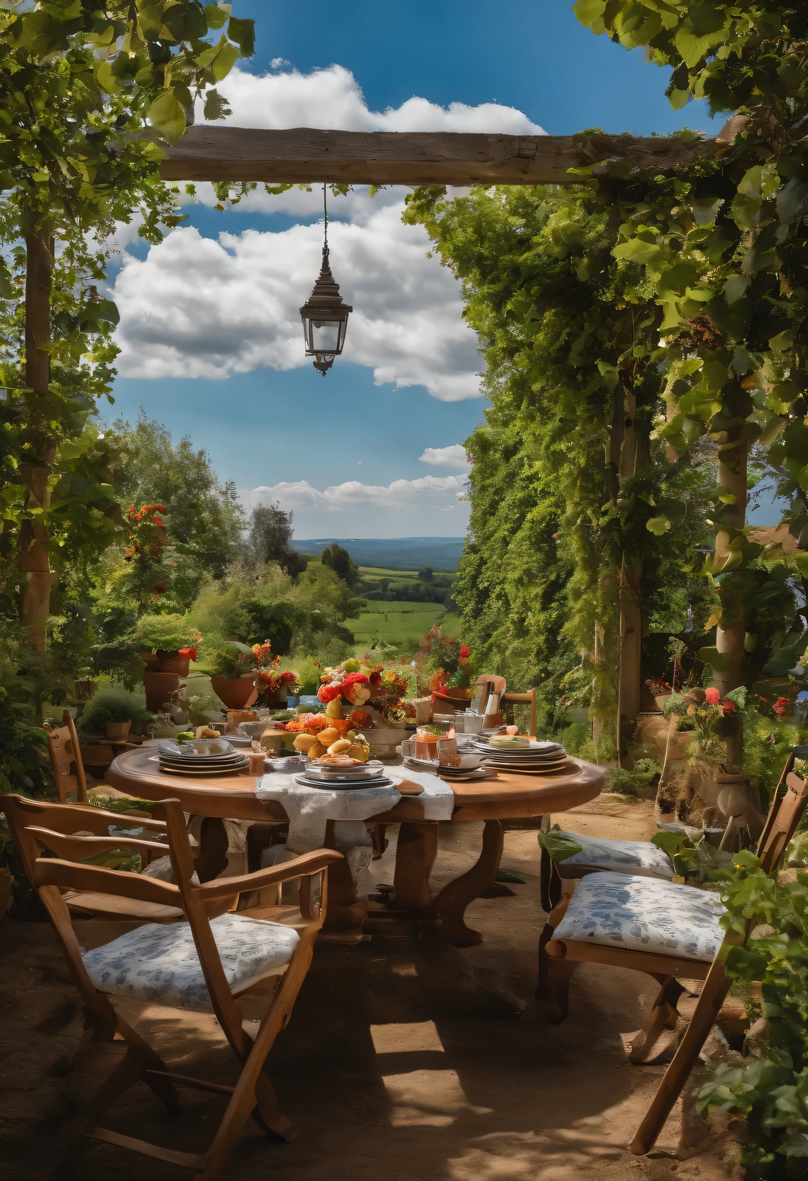 In the garden,There is a dining table,There is abundant food on it,Blue sky and white clouds,