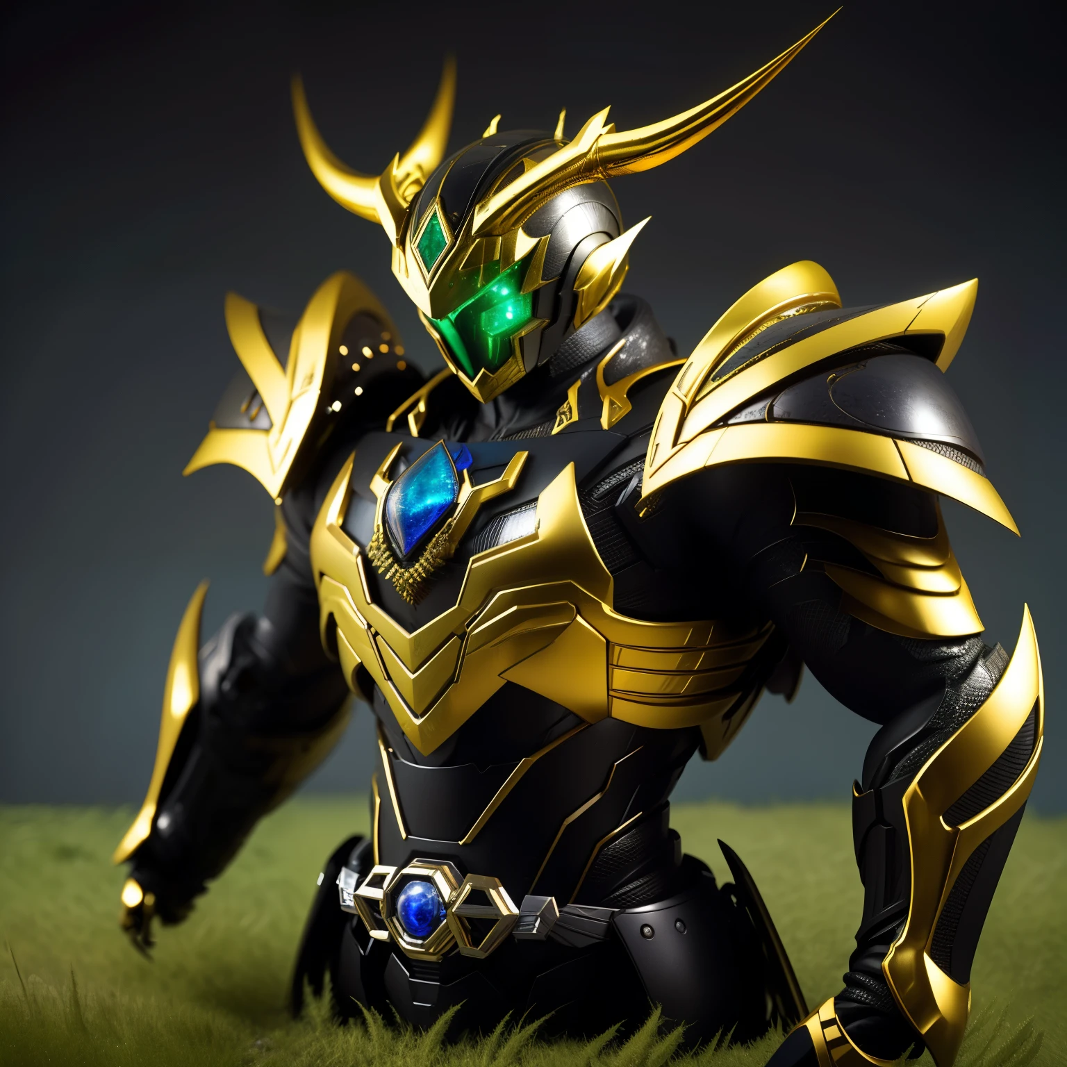 best quality)), ((masterpiece)), (detailed), perfect face, Emerald and Lapis, Beetle Kamen Rider, Grassy background, Single person, Sleek Beetle Armor, Full Body, Beetle Base, Kamen Rider, 1 male, Carapace Armor, Beetle Horn Helmet