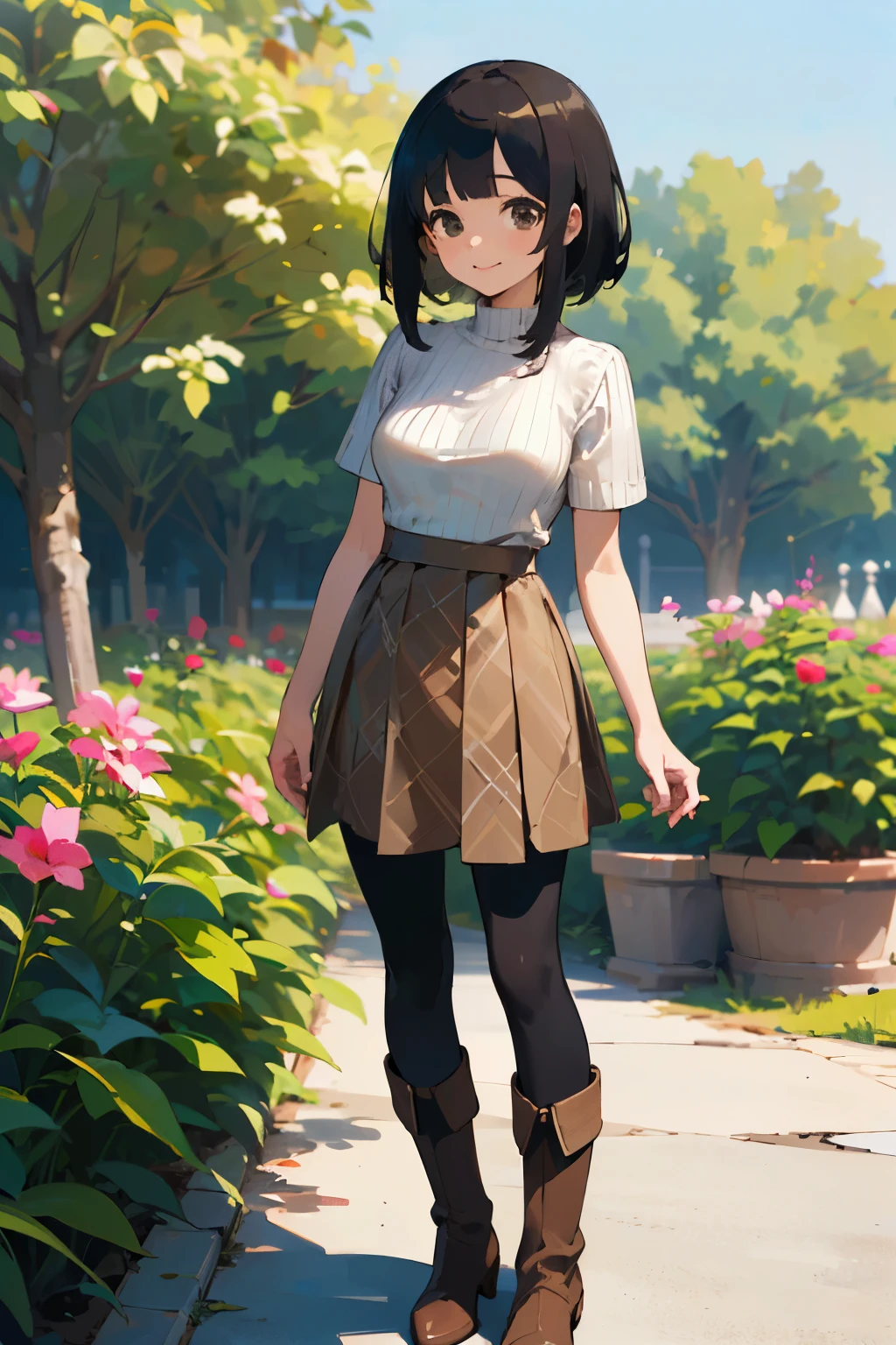 (high quality, High resolution, Very detailed, reality:1.37), Peaceful atmosphere, (Outdoor, garden), Teenage girl standing alone, (my breasts are big.), Beautiful details, Cute Smile, (Black bob hair), Short sleeve ribbed sweater, burberry check skirt, Black tights, Brown boots.