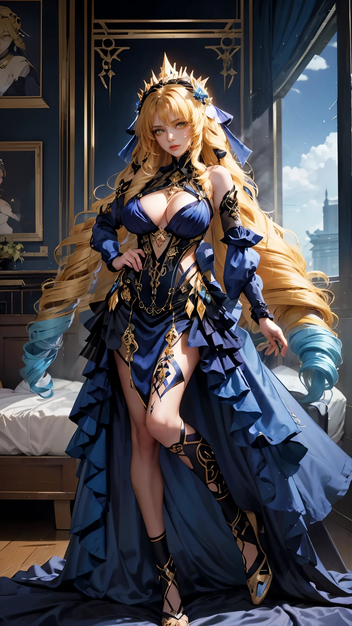 Best quality, masterpiece, ultra high res, raw photo, beautiful and aesthetic,deep shadow, dark theme,(ultra detailed:1.3),
1girl, sexy pose, Headdress, hair ornament, full of curtain, drill hair, long hair, blonde hair, gradient hair, yellow eyes, solo, huge breasts, G-cup, big hair, blue hair, tiara, divine goddess, looking at viewer, cyber punk city, indoors, bedroom, astraea, full body, gothic theme, wing, many rings of light above, wrench_genshin_style