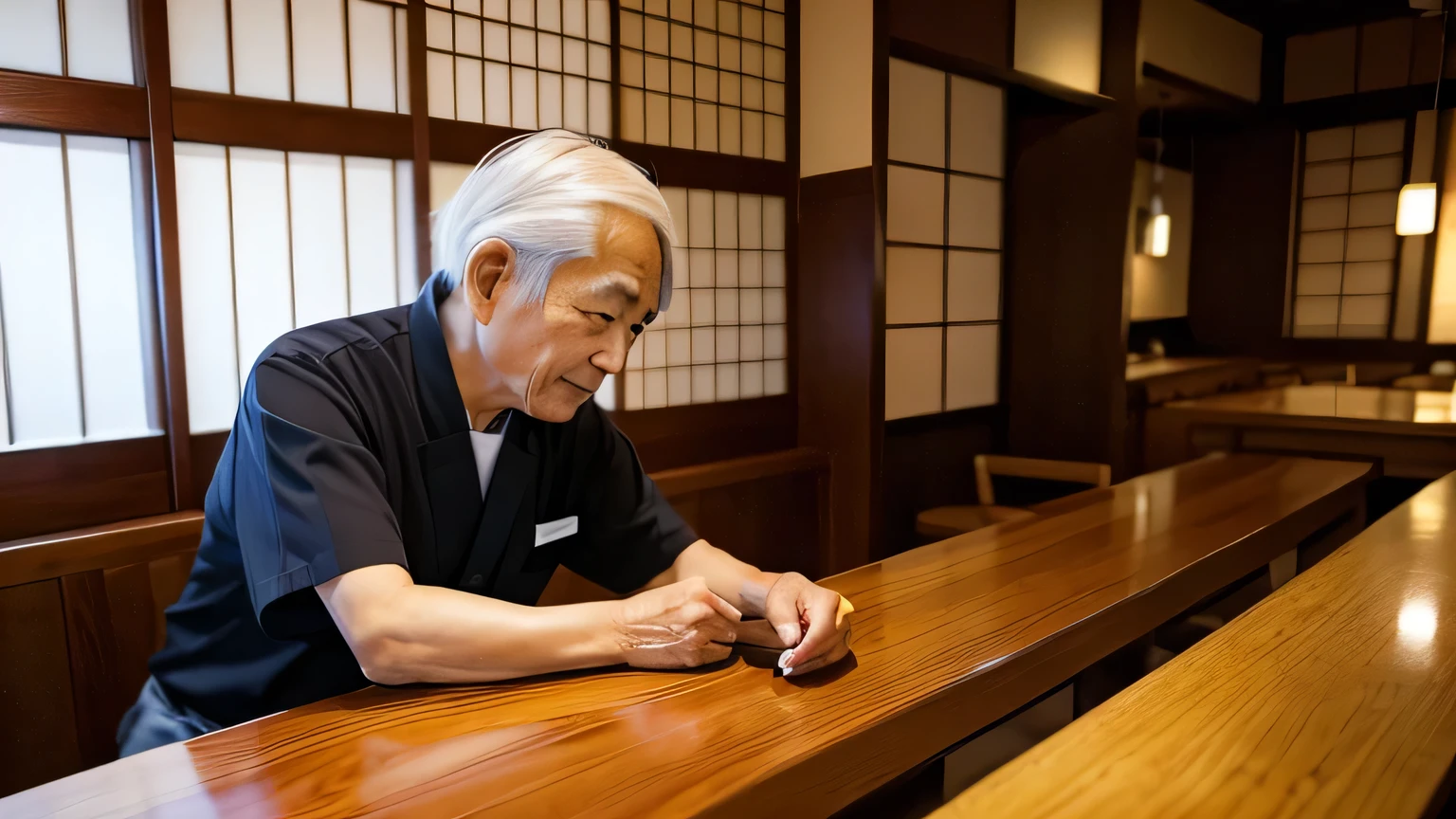 A 70-year-old Japanese man working at a Japanese restaurant"profile"up