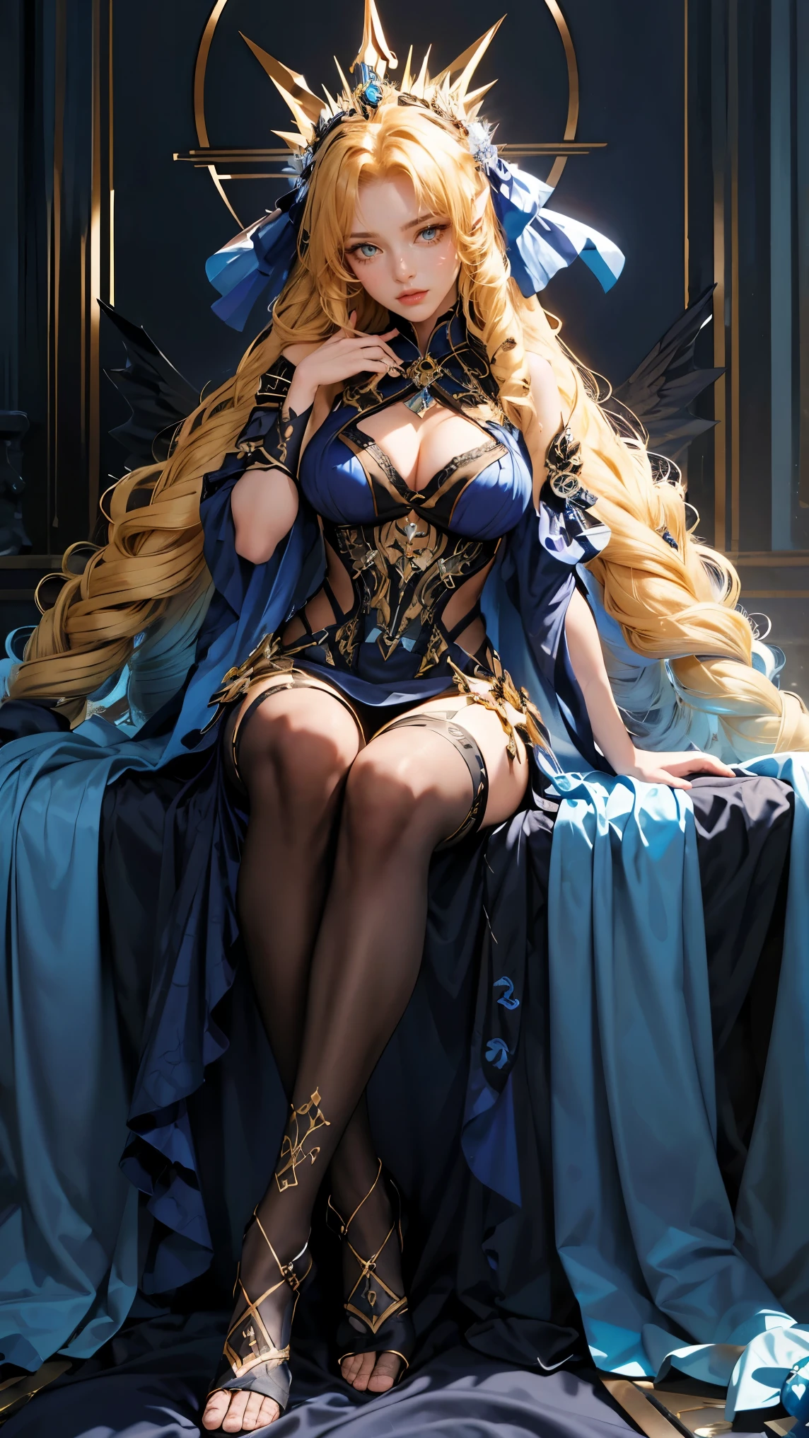 Best quality, masterpiece, ultra high res, raw photo, beautiful and aesthetic,deep shadow, dark theme,(ultra detailed:1.3),
1girl, sitting on sofa, Headdress, hair ornament, full of curtain, drill hair, long hair, blonde hair, gradient hair, yellow eyes, solo, huge breasts, G-cup, big hair, blue hair, tiara, divine goddess, looking at viewer, cyber punk city, indoors, bedroom, astraea, full body, gothic theme, wing, many rings of light above, wrench_genshin_style