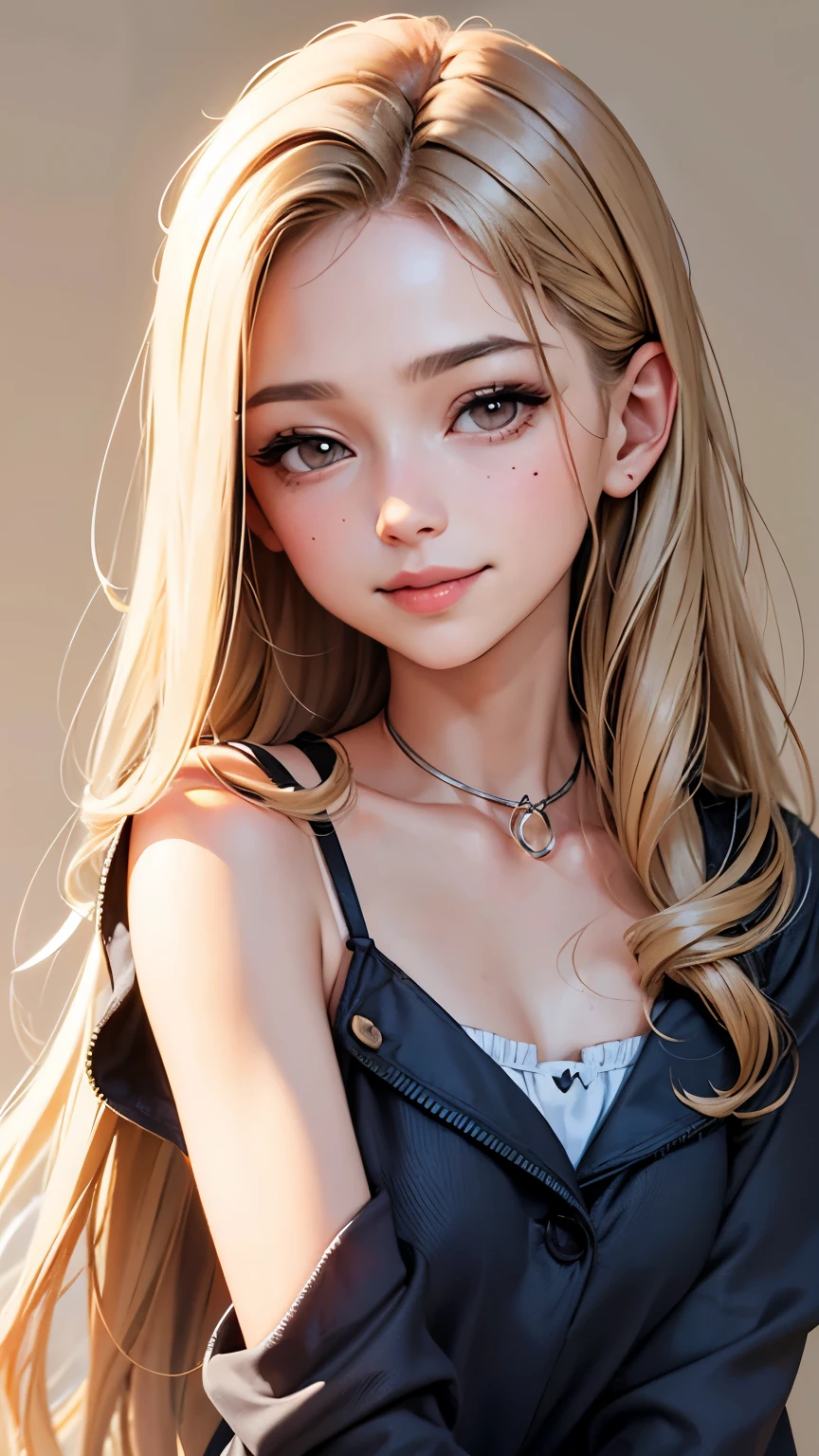 masterpiece, highest quality,Face-to-face audience, Upper body,Middle-aged women,Greek Goddess Attitude, Melon seed face, ((Long, narrow eyes)), Mole under the eye,Brown eyeball, Thin lips, Anorexia,blonde, Very long hair, Laugh with your mouth closed,40 year old mature woman, self-portrait, Simple Background,Thin legs,Close your eyes and smile,Swimwear,The happi coat is open