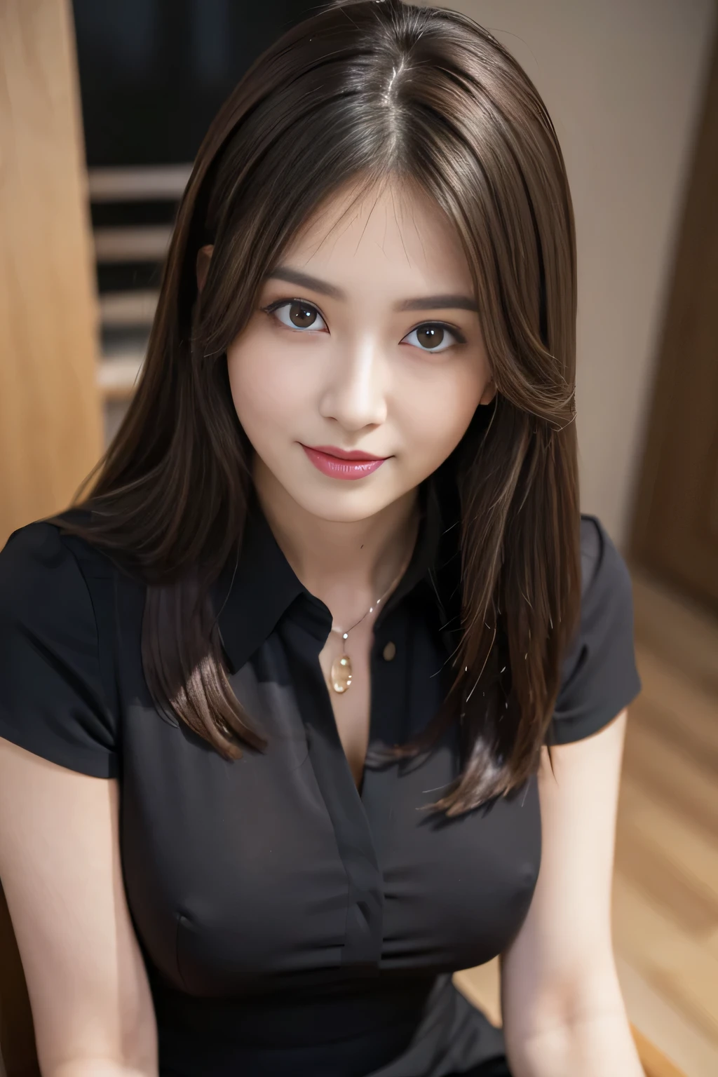 (RAW Photos), (Realistic), (masterpiece), (highest quality), High resolution, 8k, (Intricate details), (Volumetric Light), Portraiture, woman, Age 35, Medium Hair, Straight hair, Medium Chest, Accentuate your cleavage, Layered Hair, Brown Hair, Very beautiful eyes, Source order, Very thin eyebrows, Very fine skin, Very beautiful mouth, Very nice nose, Cute like an idol, smile, (Thick lips), (Looking at the audience), (black collared dress shirt), Above the knee shot,