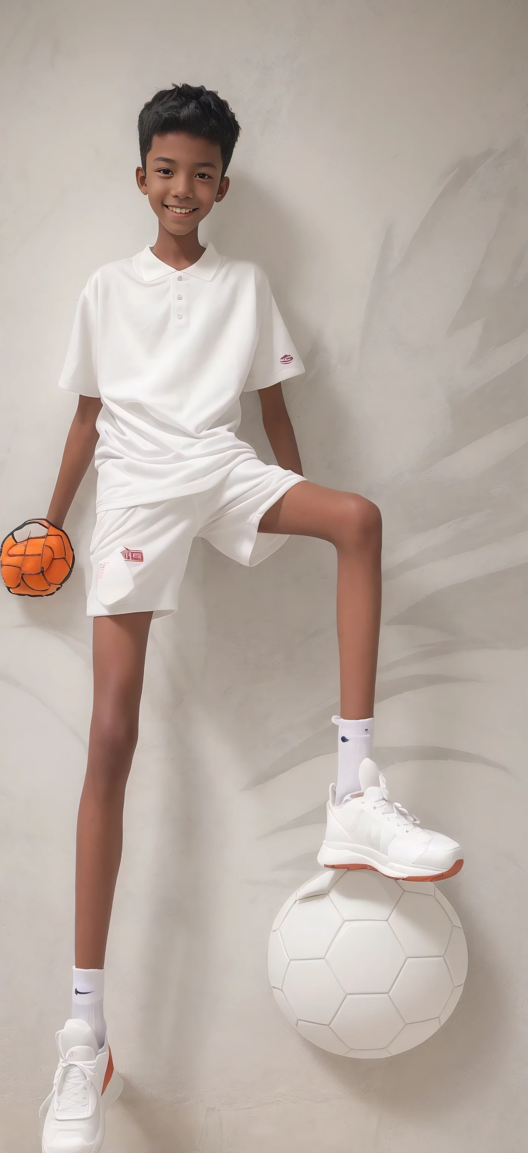 14 year old boy，（Wearing white tennis clothes，Wear white socks on your feet），Dark skin，Big round eyes，Very short hair，Tall and skinny，Toothy Smile，Sharpen details，Knee bending