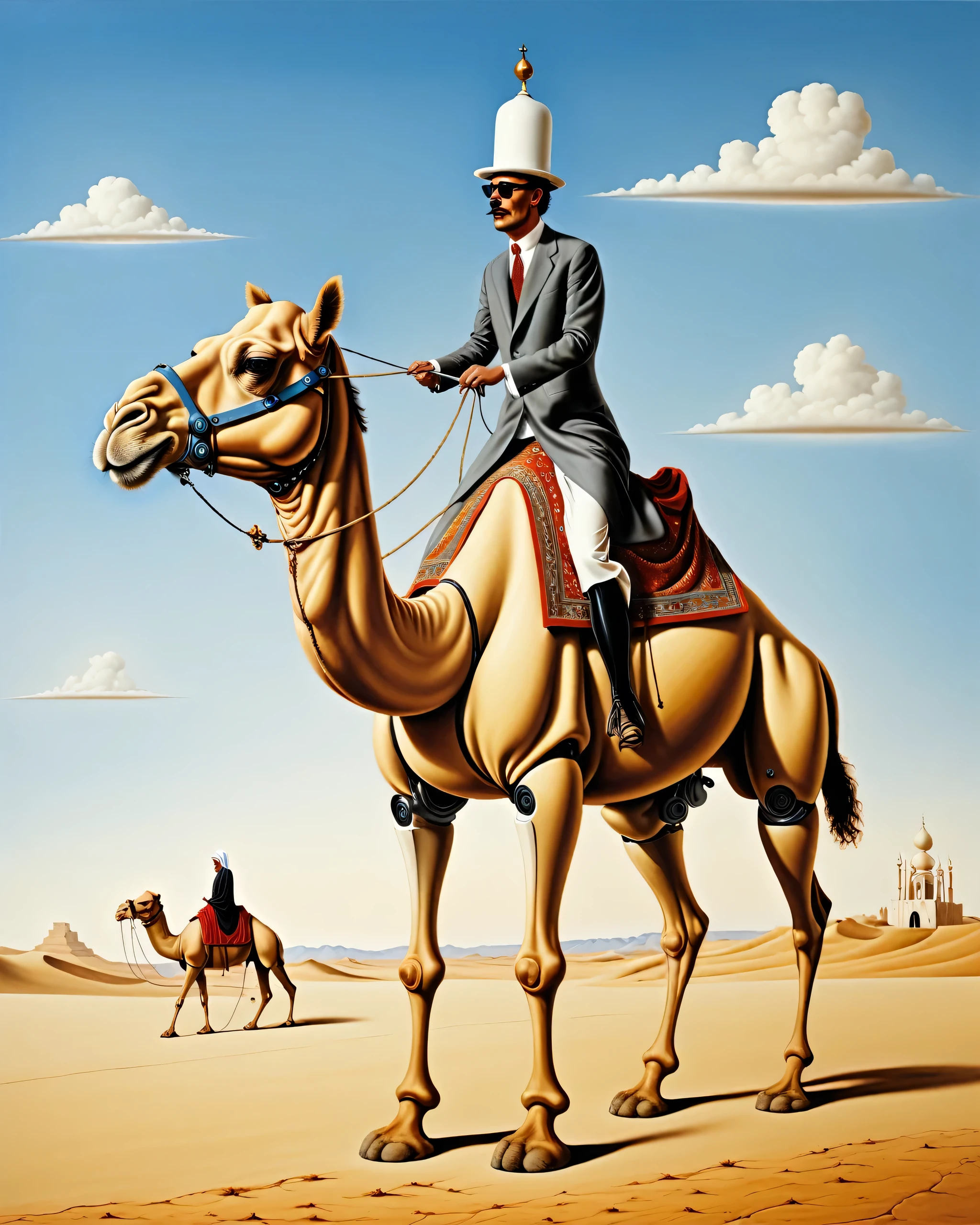 arab riding robotic camel  - surrealist style, surrealist artwrok, dream like, Salvador Dali style, Rene Magritte style, highly detailed, masterpiece, painting-like, HD