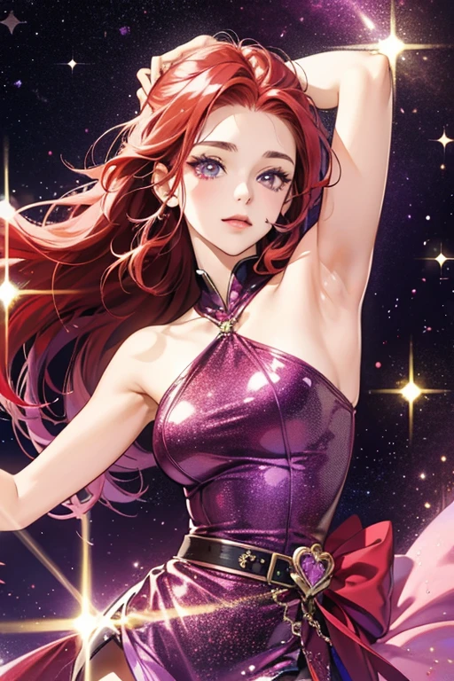 purple-skinned girl with red hair. SPARKLE; GLITTER