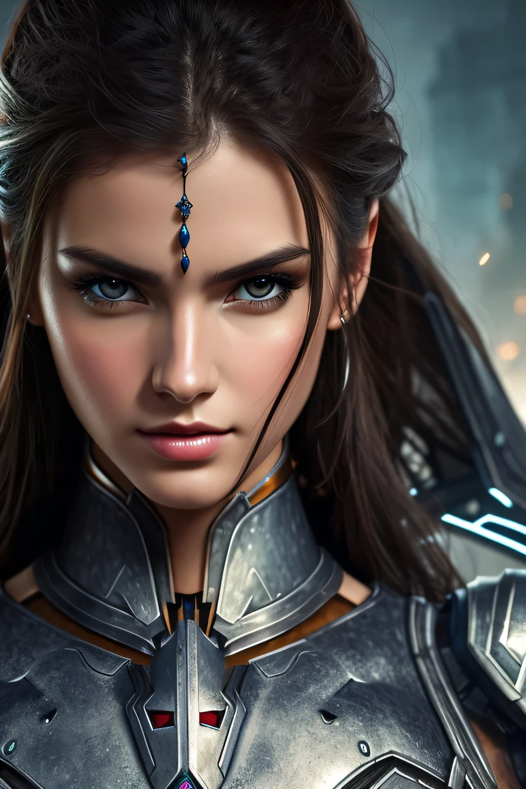 Tall beautiful woman with dark hair wearing highly realistic and detailed robotic armor, Upper body portrait、masterpiece, 最high quality, high quality, High resolution, Face close-up､
