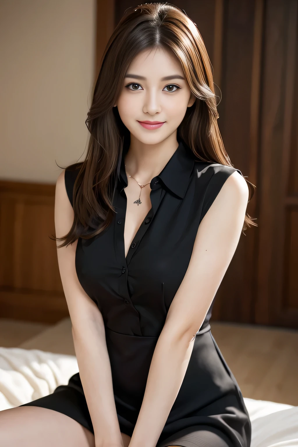 (RAW Photos), (Realistic), (masterpiece), (highest quality), High resolution, 8k, (Intricate details), (Volumetric Light), Portraiture, woman, Age 35, Medium Hair, Straight hair, Medium Chest, Accentuate your cleavage, Layered Hair, Brown Hair, Very beautiful eyes, Source order, Very thin eyebrows, Very fine skin, Very beautiful mouth, Very nice nose, Cute like an idol, smile, (Thick lips), (Looking at the audience), (black collared dress shirt), Above the knee shot,