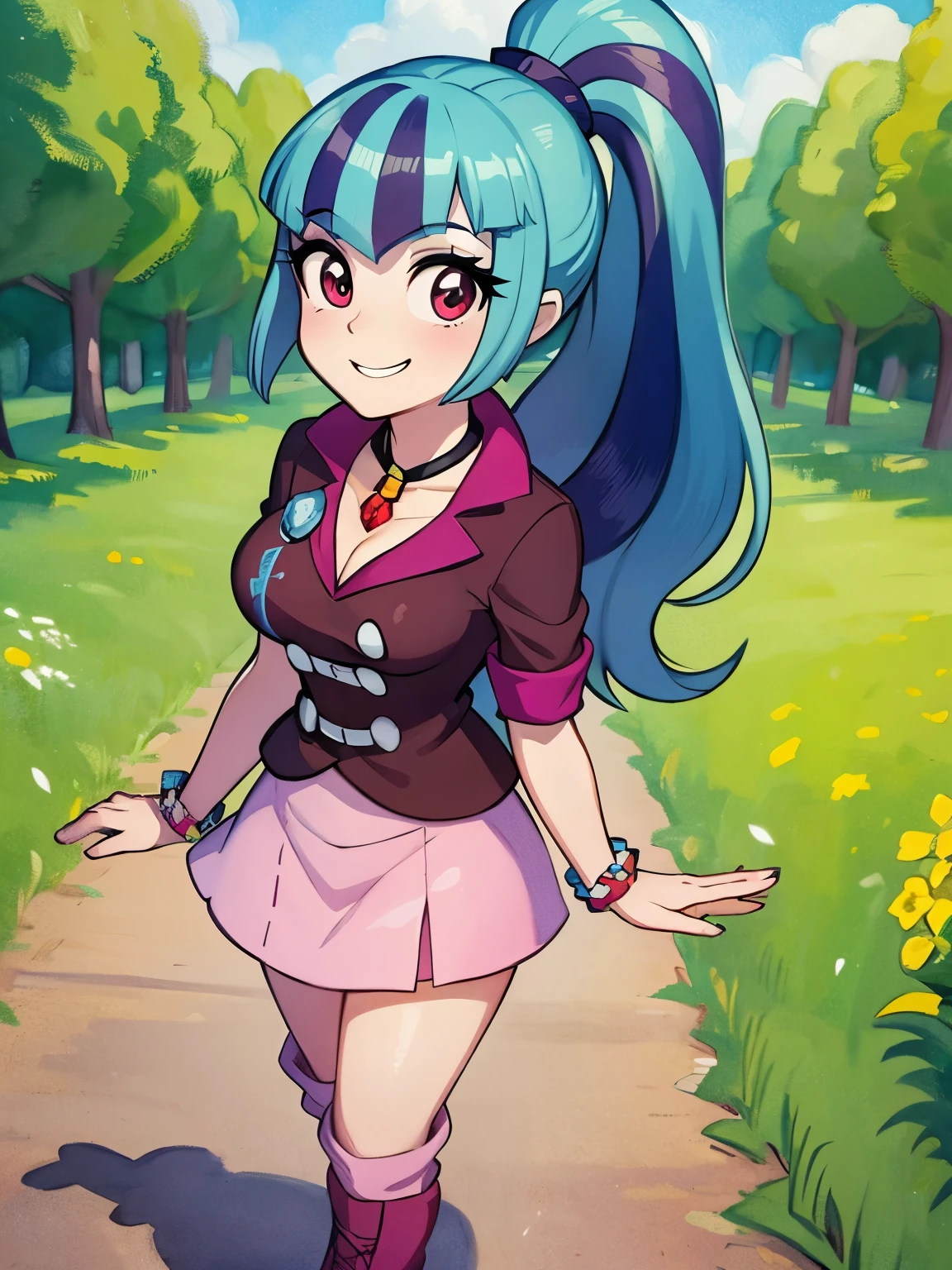 best quality, (masterpiece),(ultra-detailed), (high quality), (high resolution), best quality:1.5, highres, UHD, 16K), gentle smile, medium breasts,at the park,watercolor \(medium\),masterpiece,HDR,intricate details,(anime painting:1.1),multicolored hair,mlpsonata,colored skin,blue skin,ponytail,jacket,skirt,boots,jewelry,bracelet,(blush:0.7),