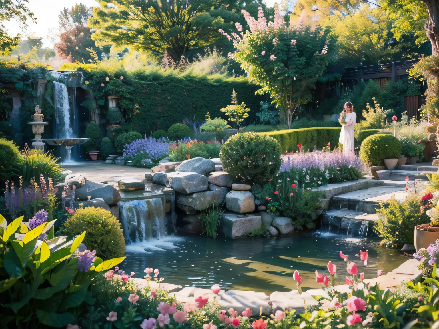 A girl stepping into a magical flower garden, as if entering another world. Various colorful flowers bloom under the sunlight, exuding enchanting fragrance. In the center of the garden, there is a gentle flowing stream, reflecting the beautiful scenery of the sky and flowers. Delicate vines climb around the splendid sculptures, creating a mysterious and elegant atmosphere. As you stroll through this flower paradise, you will feel the wonderful and fantastical beauty of nature, and your soul will be healed and enlightened.
(best quality,4k,8k,highres,masterpiece:1.2),ultra-detailed,(realistic,photorealistic,photo-realistic:1.37), HDR, UHD, studio lighting, ultra-fine painting, sharp focus, physically-based rendering, extreme detail description, professional, vivid colors, bokeh
medium: illustrations, dreamy
Additional details: butterflies dancing around the flowers, soft sunlight filtering through the leaves, a delicate stone bridge over the stream, birds chirping in the distance, lush greenery surrounding the garden, a sense of tranquility and serenity permeating the atmosphere.
Art style: impressionism, romanticism
Color palette: vibrant and warm colors, with splashes of pinks, purples, and yellows
Lighting: soft and warm sunlight, casting gentle shadows on the flowers and sculptures