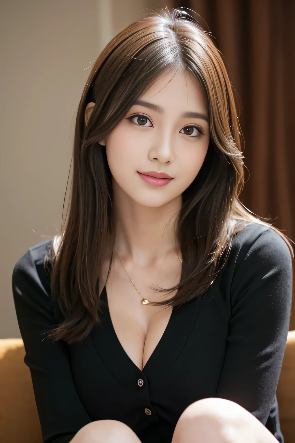 (RAW Photos), (Realistic), (masterpiece), (highest quality), High resolution, 8k, (Intricate details), (Volumetric Light), Portraiture, woman, Age 35, Medium Hair, Straight hair, Medium Chest, Accentuate your cleavage, Layered Hair, Brown Hair, Very beautiful eyes, Source order, Very thin eyebrows, Very fine skin, Very beautiful mouth, Very nice nose, Cute like an idol, smile, (Thick lips), (Looking at the audience), (black collared dress shirt), Above the knee shot,