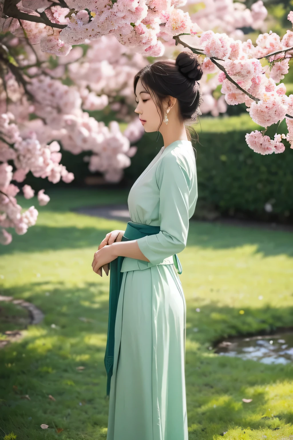 This image depicts a woman wearing traditional clothing.,Standing outdoors。Her clothing is typical East Asian style,The upper body is a red long-sleeved top,Detailed trim at neckline and cuffs。The lower body is matched with a light green long skirt,The skirt is wide and flowing,Presenting an elegant curve。Her hair was neatly combed,Several decorative flowers in the bun,Small earrings hanging from the ears。
Female posture elegant,Facing the camera sideways,The right hand gently holds a branch with pink flowers,Seems to be quietly appreciating or meditating。The details of her face cannot be seen clearly,But from the side profile,She has soft facial lines。The background is a lush green vegetation,Maybe a park or similar natural setting。The sun shines from the left side of the picture,It adds a touch of warm color to the whole scene。Overall,This image conveys a sense of tranquility。