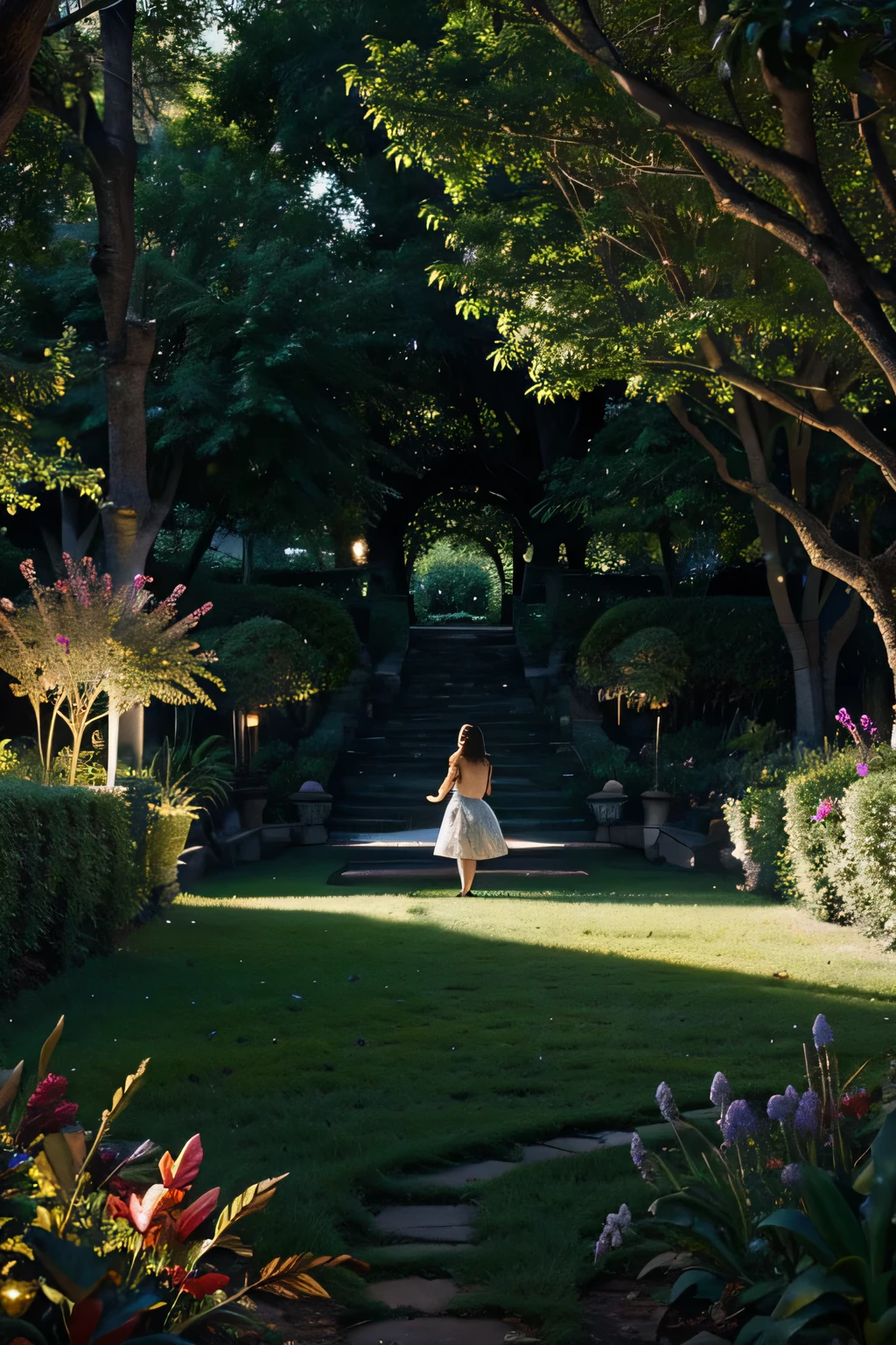 An elegant woman wearing a light summer dress arrives at a picturesque country house at dusk. The house is surrounded by a flower garden and the sky is dyed in shades of orange and pink.