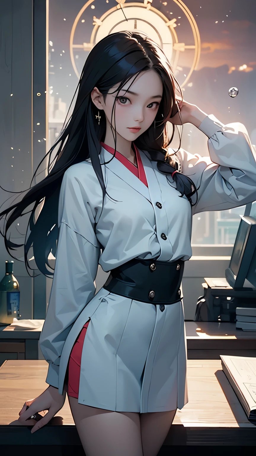 Yixin Zeng, Wenzel Jamnitzer, Surrealism, wonder, strange, fantastical, fantasy, Sci-fi, Japanese anime, swimming clock, beautiful high school girl in a miniskirt winding the time like a spring, perfect voluminous body, tower of empty bottles, twisted ring of infinity, detailed masterpiece Hyper realistic sharp focus cinematic lighting 