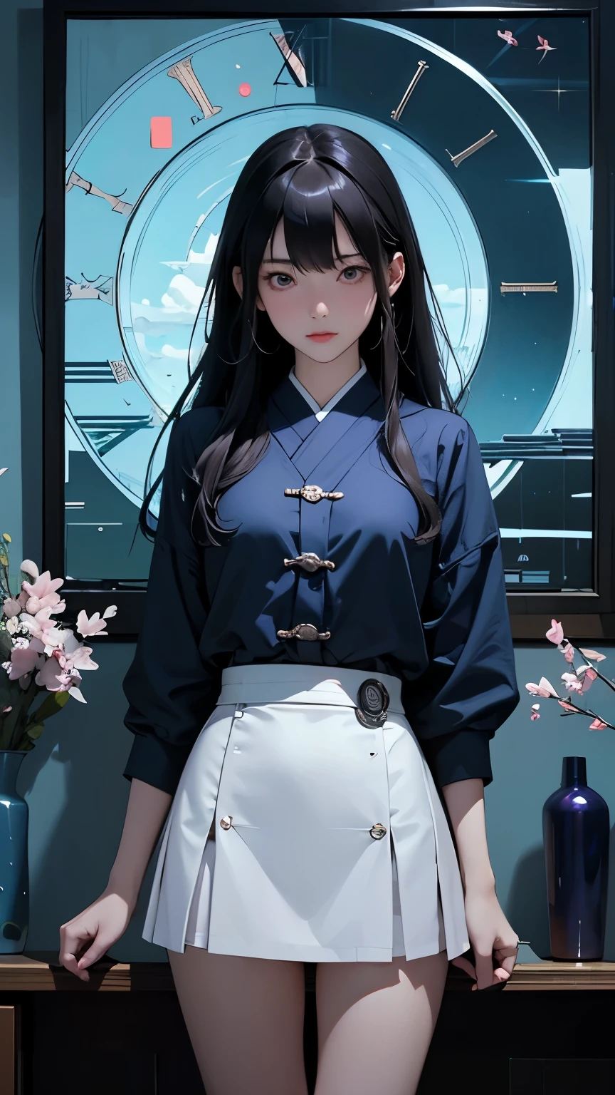 Yixin Zeng, Wenzel Jamnitzer, Surrealism, wonder, strange, fantastical, fantasy, Sci-fi, Japanese anime, swimming clock, beautiful high school girl in a miniskirt winding the time like a spring, perfect voluminous body, tower of empty bottles, twisted ring of infinity, detailed masterpiece Hyper realistic sharp focus cinematic lighting 