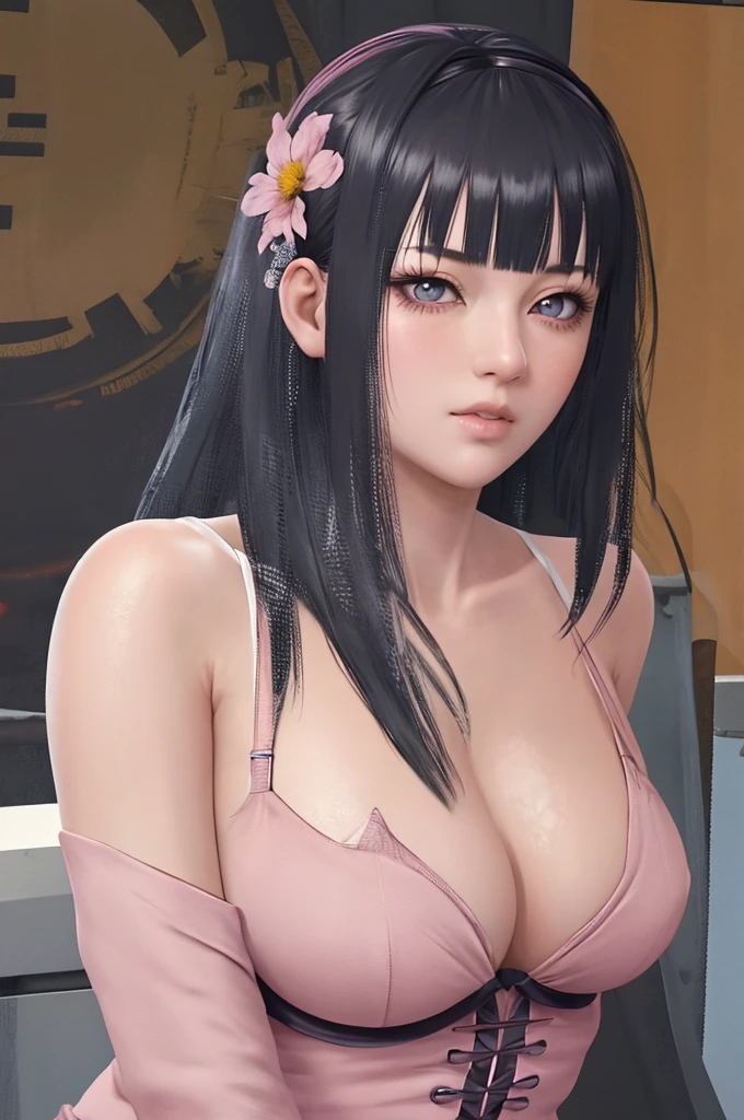 masterpiece, absurd, Hinata\(Boruto Naruto Next Generations\), 1 Girl, Solitary,Mature female, Off-the-shoulder oversized shirt, Looking at the audience, (Falling Flowers), perfect composition, detailed lips, Large Breasts, Pretty Face, Body Proportions, blush, (Pink lips), Long hair,  Purple Eyes,  Gentle eyes,  Super realistic, detailed, photo shoot, Realistic face and body, (（(Big Breasts，Cleavage))）