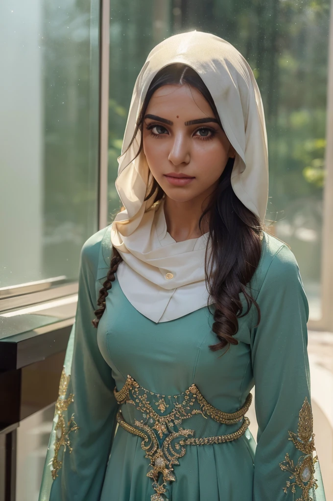 Photo of 25 year old Arabian woman, ((wearing modest Arabian dress covering her whole body )). Dress modestly, RAW, beautiful woman, (black blond hair with extra long wavy), amzing hair ,yellow-green eyes, ((portrait)), (Detailed face: 1.2)), (Detailed facial features)), (Fine skin), pale skin, normal lips colour, perfect face, beautiful face, high detail, slim body, (cold color), wet, moist, reflection, (masterpiece) ( Perfect proportions) (realistic photos) (highest quality) (detail) shot with Canon EOS R5, 50mm lens, f/2.8, HDR, (8k) (wallpaper) (movie lighting) (dramatic lighting) (sharp focus) (complex) fashion, full body shot.