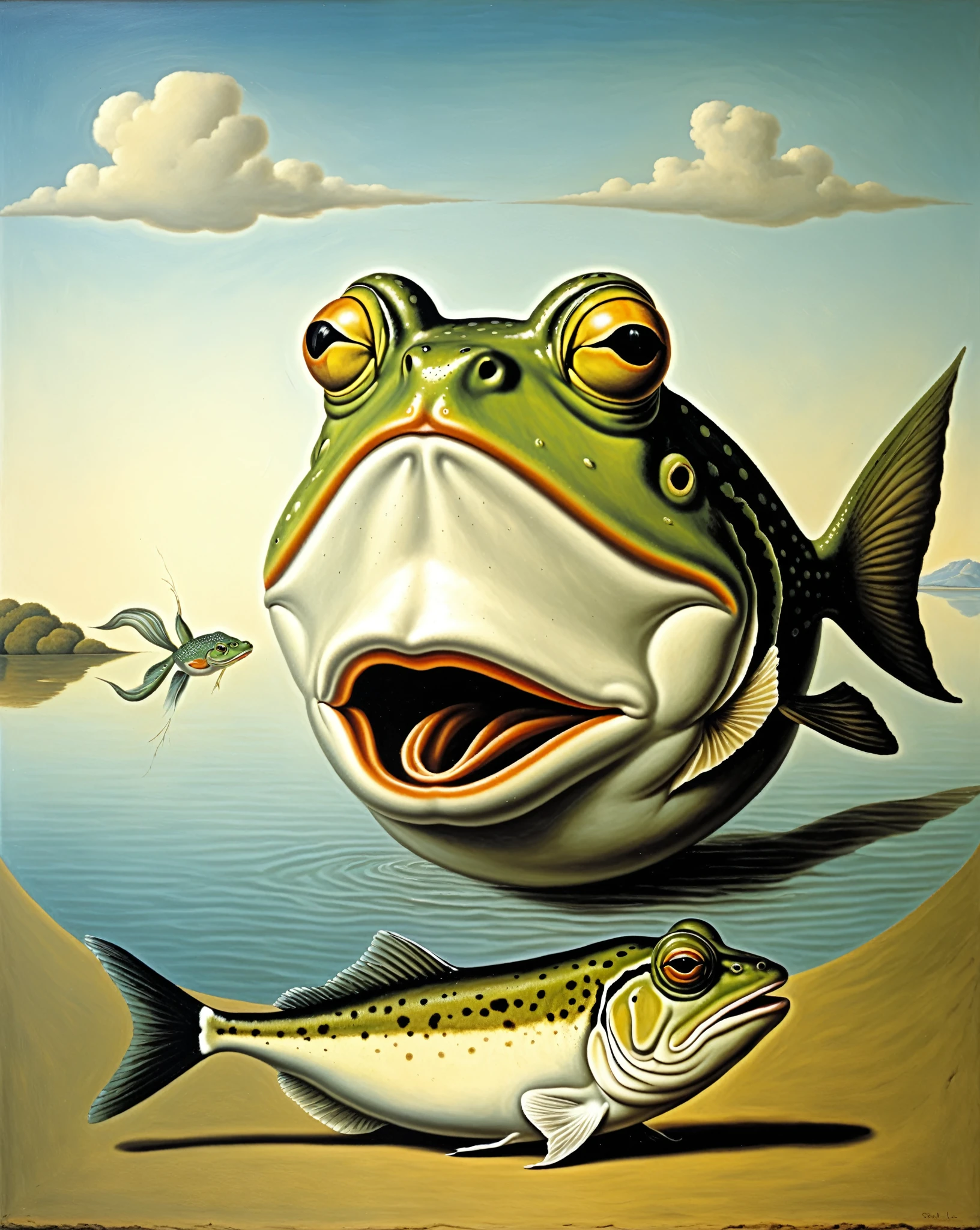 frog coming out of mouth of a fish  - surrealist style, surrealist artwrok, dream like, Salvador Dali style, Rene Magritte style, highly detailed, masterpiece, painting-like, HD