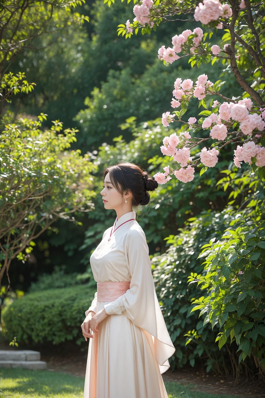 This image depicts a woman wearing traditional clothing.,Standing outdoors。Her clothing is typical East Asian style,The upper body is a red long-sleeved top,Detailed trim at neckline and cuffs。The lower body is matched with a light green long skirt,The skirt is wide and flowing,Presenting an elegant curve。Her hair was neatly combed,Several decorative flowers in the bun,Small earrings hanging from the ears。
Female posture elegant,Facing the camera sideways,The right hand gently holds a branch with pink flowers,Seems to be quietly appreciating or meditating。The details of her face cannot be seen clearly,But from the side profile,She has soft facial lines。The background is a lush green vegetation,Maybe a park or similar natural setting。The sun shines from the left side of the picture,It adds a touch of warm color to the whole scene。Overall,This image conveys a sense of tranquility。