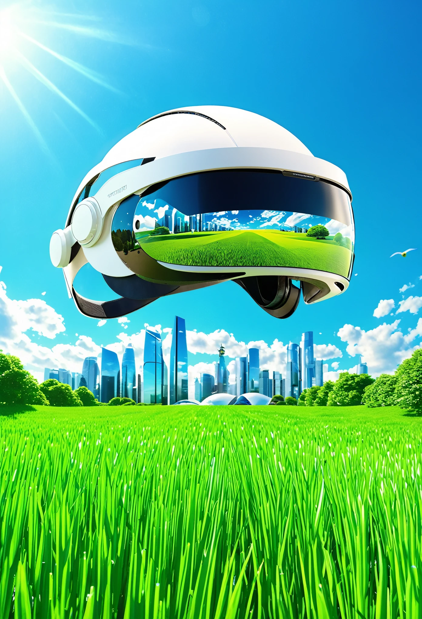 (best quality,4k,highres,masterpiece:1.2),ultra-detailed,(realistic,photorealistic,photo-realistic:1.37), Ad for virtual reality, Frutiger Aero aesthetic art with complex geometric 2D shapes, sunny blue sky, green field, futuristic background buildings, glossy material, virtual reality helmet, morphing water, Futuristic, shades of white and blue, light background, highly detailed, 4K.