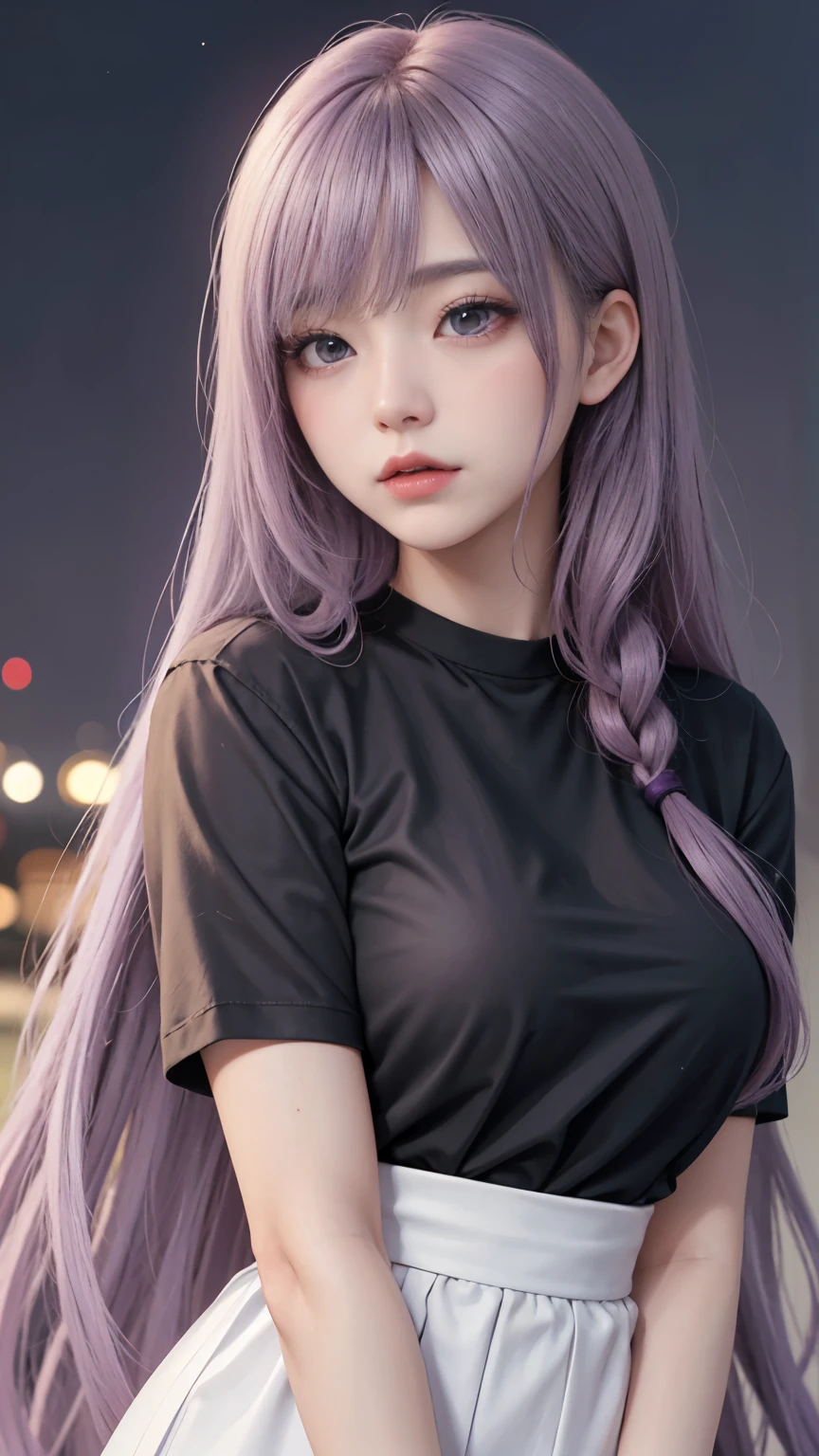 background(Black Night Sky,Big Moon),Woman close up,Wearing a white shirt、Purple Hair,Very long hair,very thick braids,Purple eyes,big , realistic girl rendering, 8k artistic german bokeh, Enchanting girl, Real Girls, Gurwitz, Gurwitz-style artwork, Girl Roleplay, Realistic 3D style, cgstation Popular Topics,, 8K Portrait Rendering,(truth,truth:1.4),Wear pink pajamas,巨big ,Sparkling eyes,Purple eyes