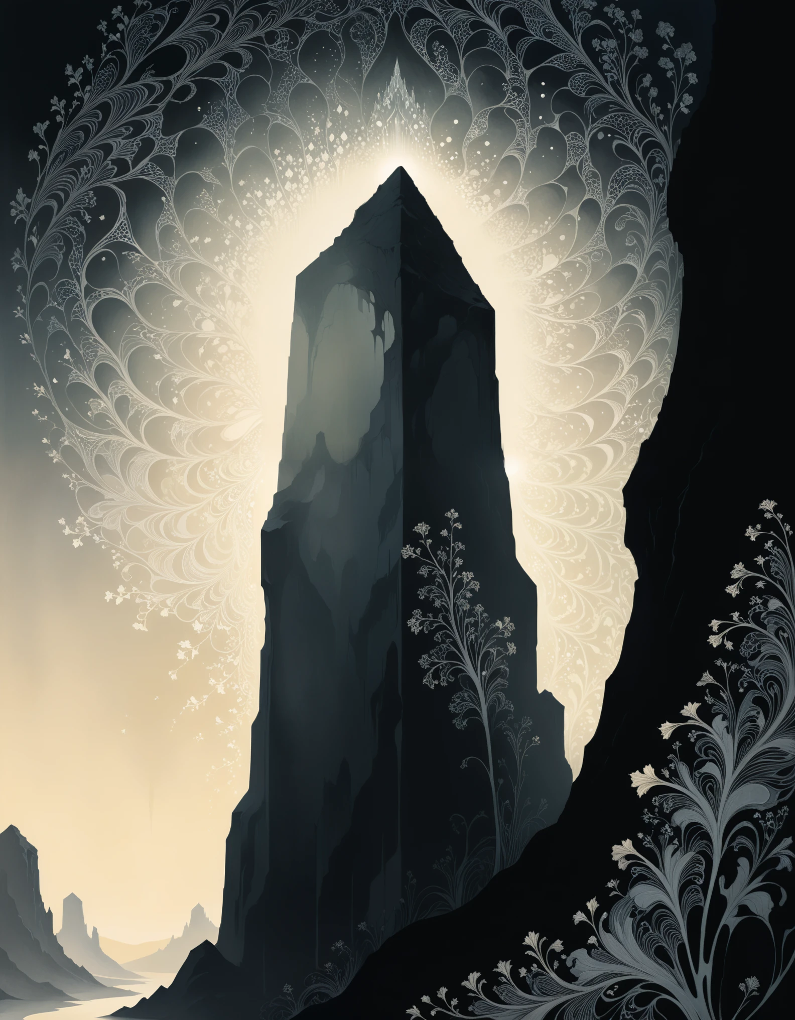 in style of Aubrey Beardsley,mystery book cover art, suspenseful, shadowy, atmospheric, dark colors "visualize a desolate expanse where a spectral landscape unfolds from an ambient haze, as if the very fabric of reality has been drained of color and vitality. a crystalline monolith,(smooth, Full of mysterious patterns, With a miraculous light:1.8)rises from the barren terrain like a shard of forgotten knowledge, Casting an eerie glow on a featureless landscape, the artwork should evoke a sense of disquieting detachment, where the boundaries between nothingness and existential despair blur, leaving the viewer suspended in a state of numb indifference.", vivid color