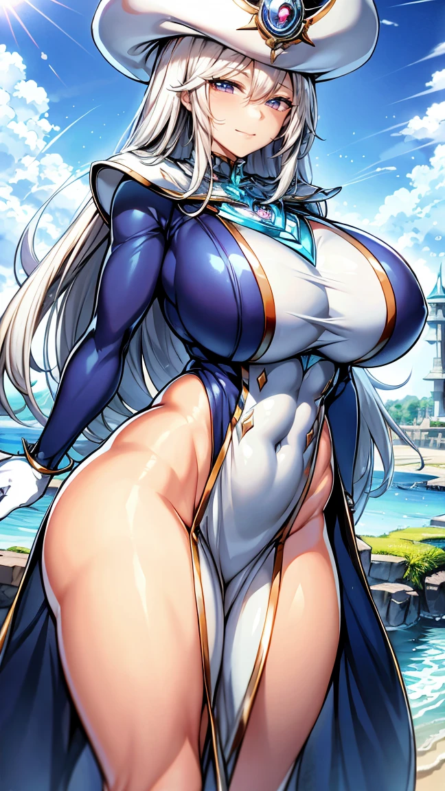 Silent magician, ropa apretada, poca piel visible, (( ruborizada, sonrisa, oiled skin)), pelo largo, cabello blanco, (( white hair)), sombrero blanco, Curvy body, abs, muscle, muscle girl, big sagging breast , monstruo de duelo, Iparuputsua, de pie en la entrada de un castillo, brazos a los costados, magic world background, mundo medieval .