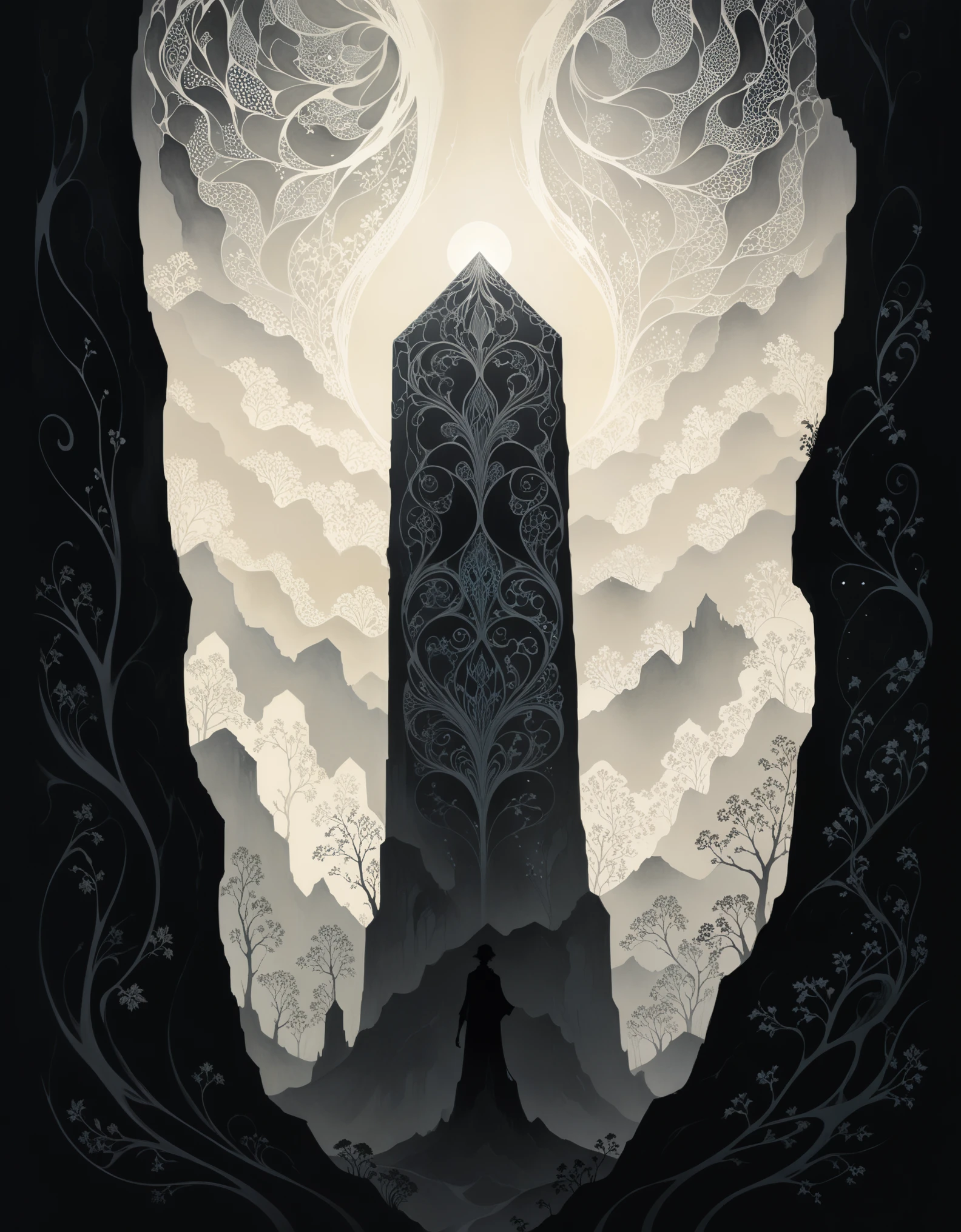 in style of Aubrey Beardsley,mystery book cover art, suspenseful, shadowy, atmospheric, dark colors "visualize a desolate expanse where a spectral landscape unfolds from an ambient haze, as if the very fabric of reality has been drained of color and vitality. a crystalline monolith,(smooth, Full of mysterious patterns, With a miraculous light:1.8)rises from the barren terrain like a shard of forgotten knowledge, Casting an eerie glow on a featureless landscape, the artwork should evoke a sense of disquieting detachment, where the boundaries between nothingness and existential despair blur, leaving the viewer suspended in a state of numb indifference.", vivid color