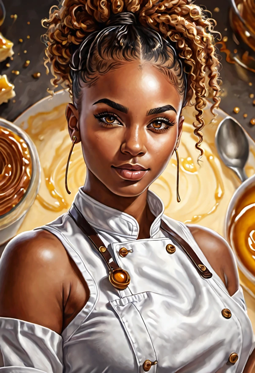 Ultra detailed, 8K, dessin, portrait haut du corps d’une mafnifique jeune femme, black mixed race, peaux honey, magnifique cheveux, mesmerizing eyes, piercing, she is a pastry chef.