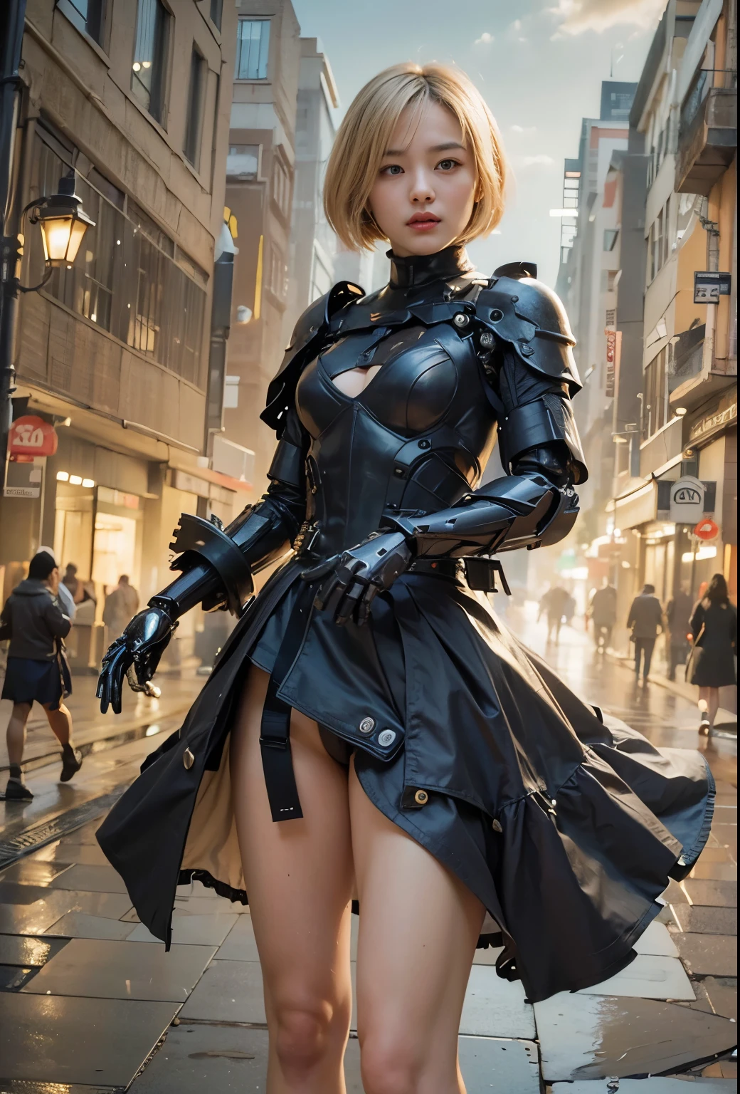 (masterpiece, best quality:1.2), (8k uhd, 16k, 32k, ultra high res), (photorealistic:1.37), (RAW photo), ultimate-realistic, ultimate-realistic details, ultimate-realistic texture, ultimate-intricate details, ultimate-realistic lighting, ultimate-realistic shadow, japanese girl, ultimate-cute face, ultimate-RAW skin, ultimate-realistic eyes, (mechanical:1.4), (armor), full body, wide shot