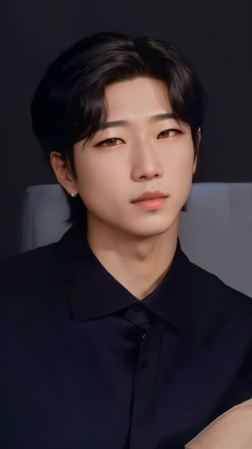 arafed asian man in black shirt and tie sitting on a chair, NamJoon kim, taken in the early 2020s, retrato de rm de bts, Kim NamJoon, imagen filtrada, foto oficial, Joon Nam kim, Kim NamJoon, kpop idol portrait, NamJoon kim