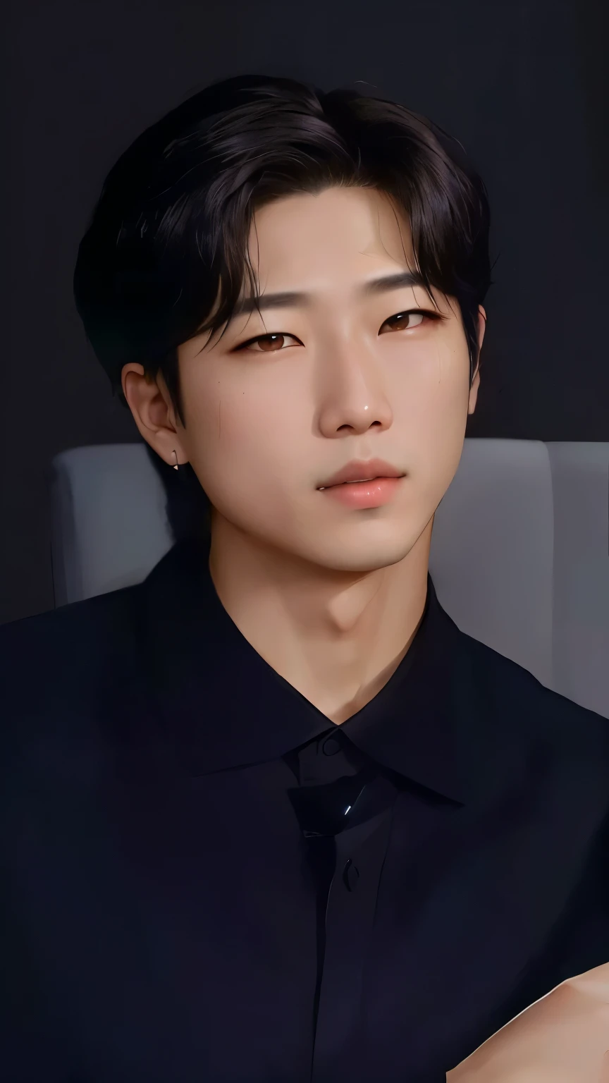 arafed asian man in black shirt and tie sitting on a chair, NamJoon kim, taken in the early 2020s, retrato de rm de bts, Kim NamJoon, imagen filtrada, foto oficial, Joon Nam kim, Kim NamJoon, kpop idol portrait, NamJoon kim