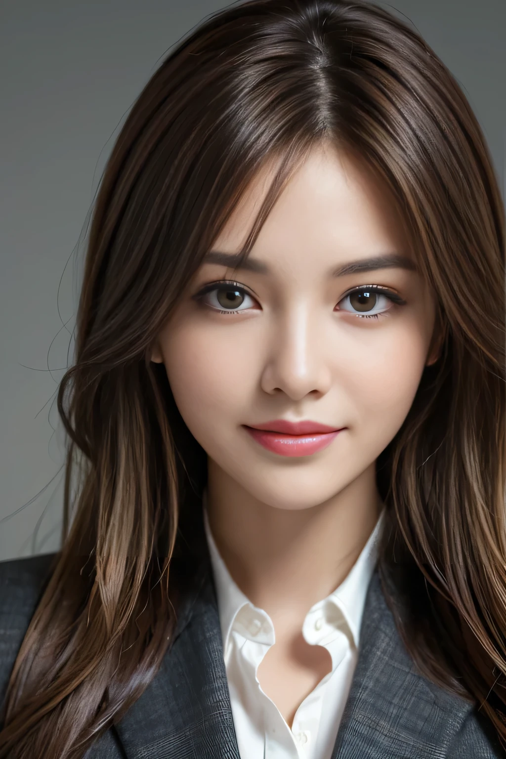 On the table, highest quality, practical, Very detailed, finely, High resolution, 8k wallpaper, One beautiful woman,, Light brown messy hair, Wearing a suit, Clear focus, Perfect dynamic composition, Beautiful and delicate eyes, Thinning hair, Detailed practical skin texture, smile, Close-up portrait, model diagram